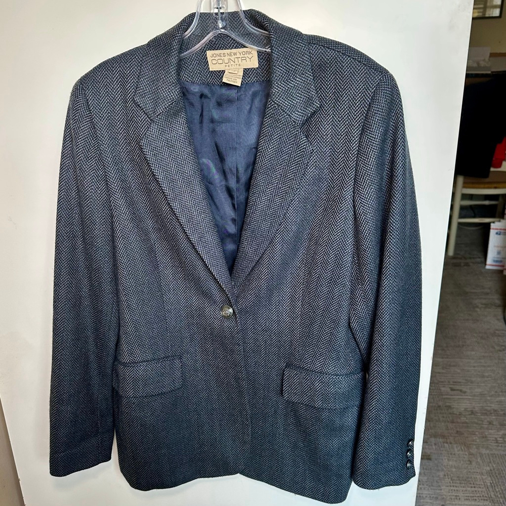 Women's Vintage 100% Wool Jones New York Country Blue Herringbone Blazer 12P